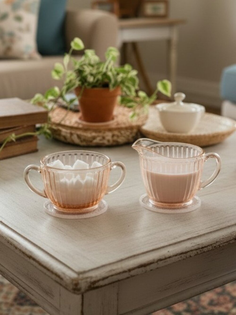 Anchor Hocking Pink Depression Glass Creamer and Sugar Bowl Set Vintage